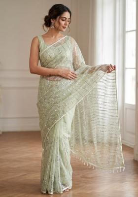 Pista Embroidered Net Saree Set