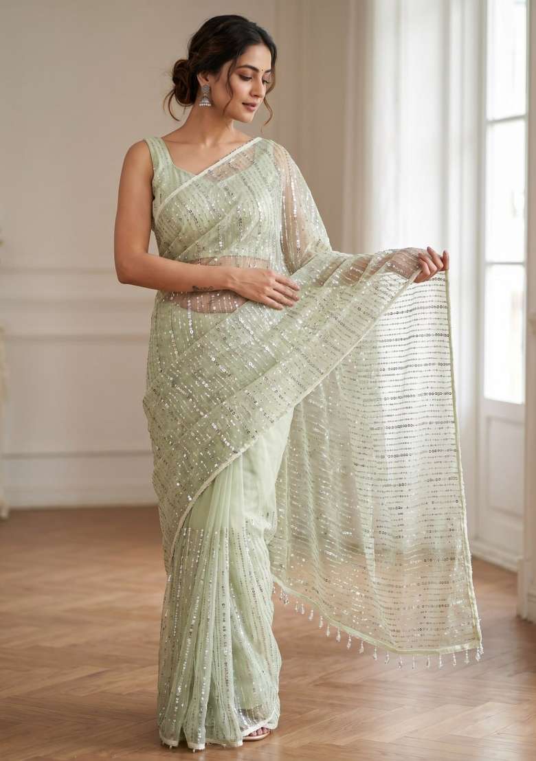 Pista Embroidered Net Saree Set - Indya