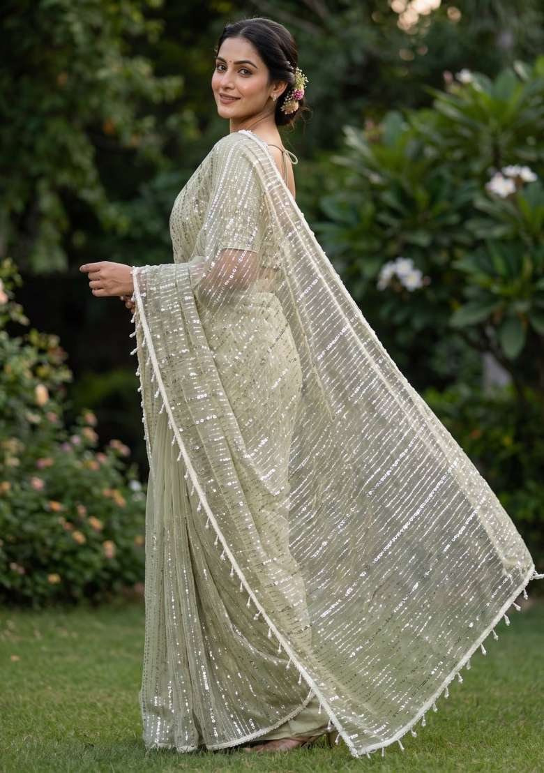 Pista Embroidered Net Saree Set - Indya