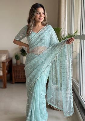 Sky Blue Embroidered Net Saree Set