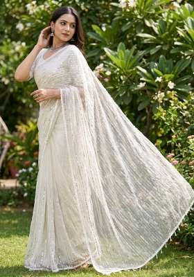 White Embroidered Net Saree Set
