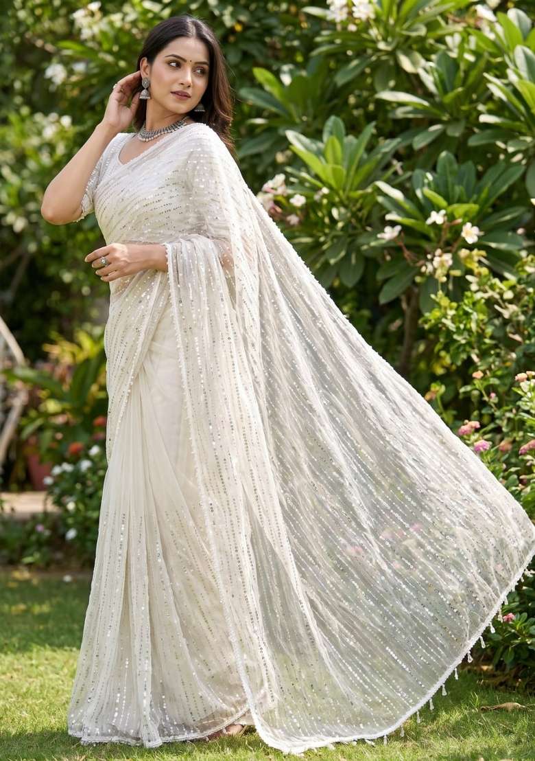 White Embroidered Net Saree Set - Indya