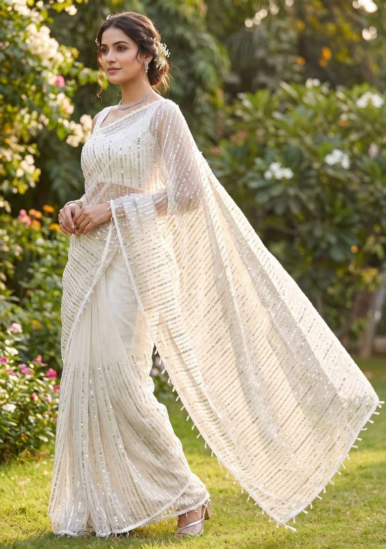 White Embroidered Net Saree Set - Indya