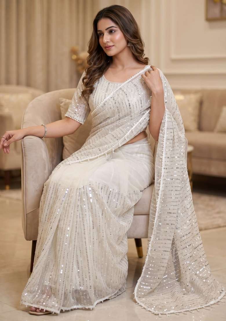 White Embroidered Net Saree Set - Indya