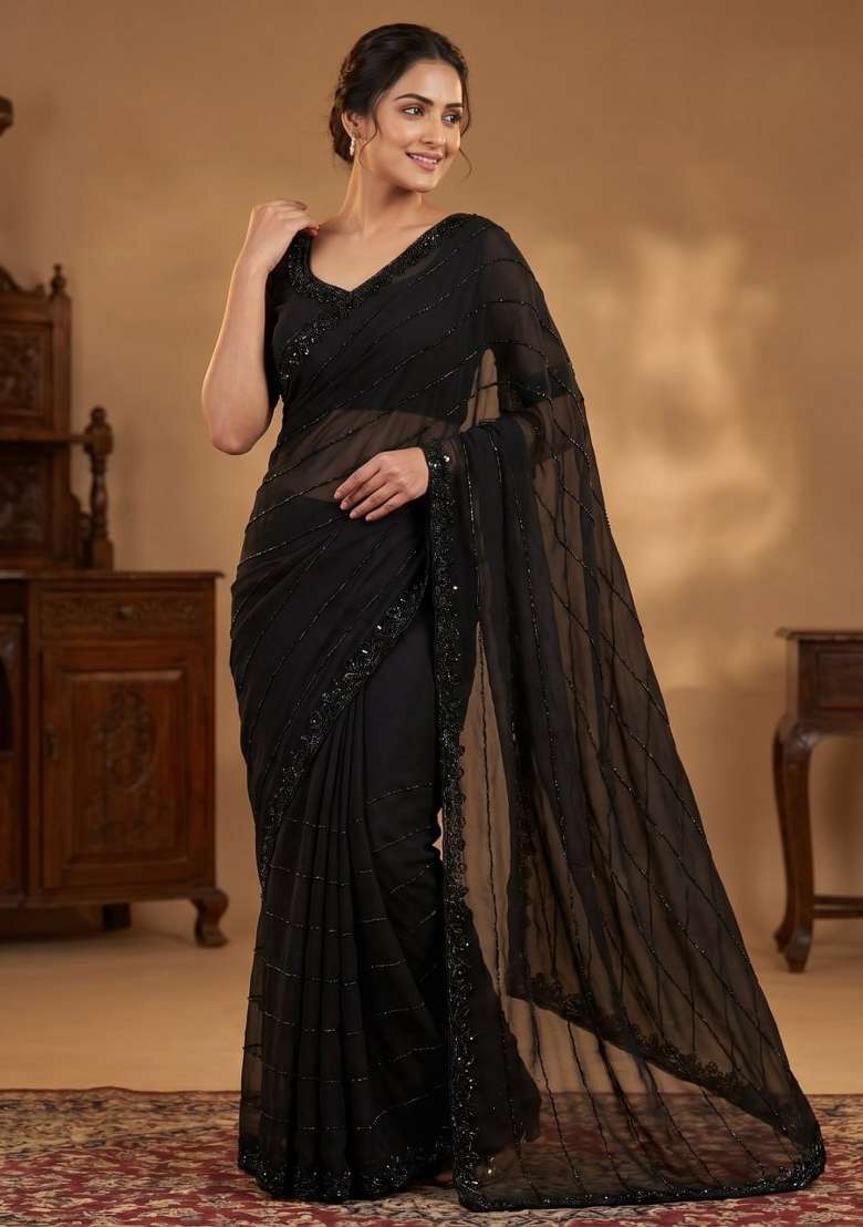 Black Embroidered Georgette Saree Set - Indya