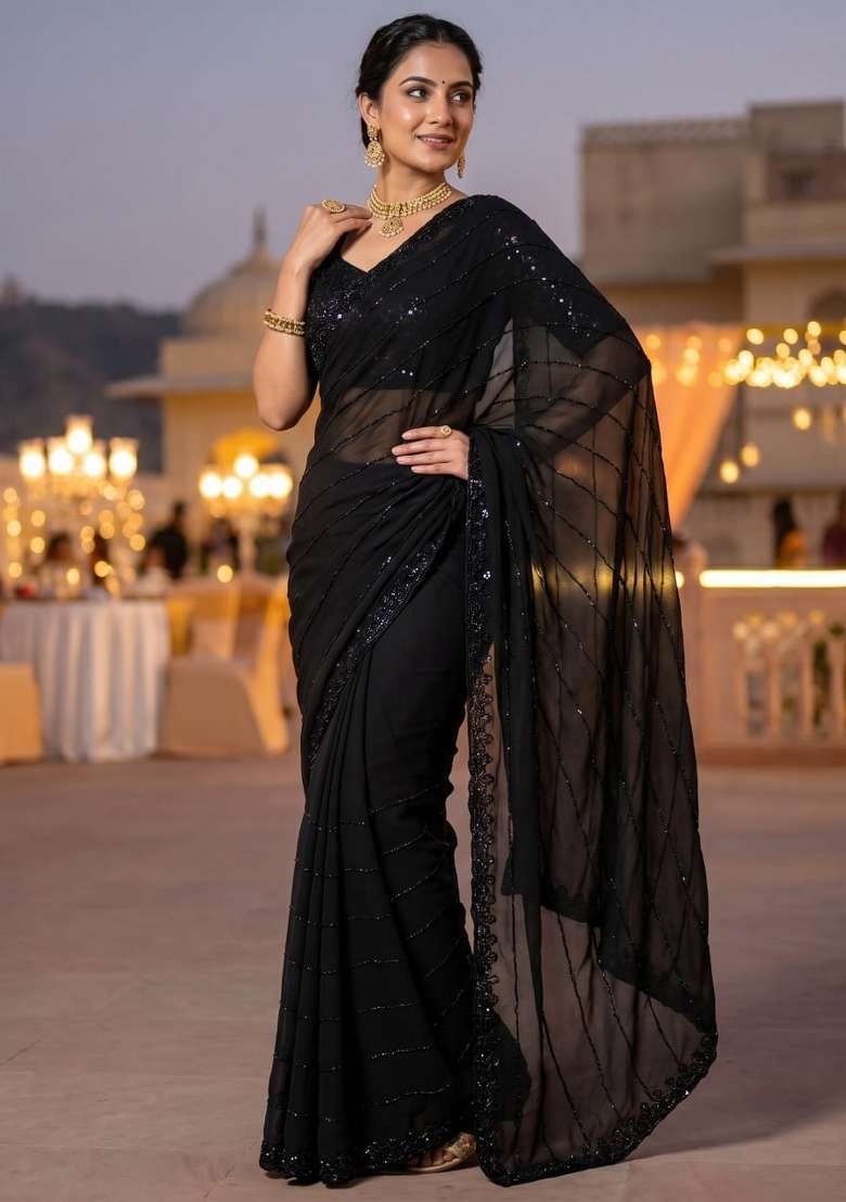 Black Embroidered Georgette Saree Set - Indya