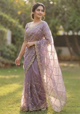 Lavender Embroidered Silk Saree Set