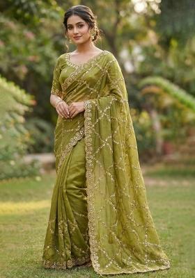 Mehendi Embroidered Silk Saree Set