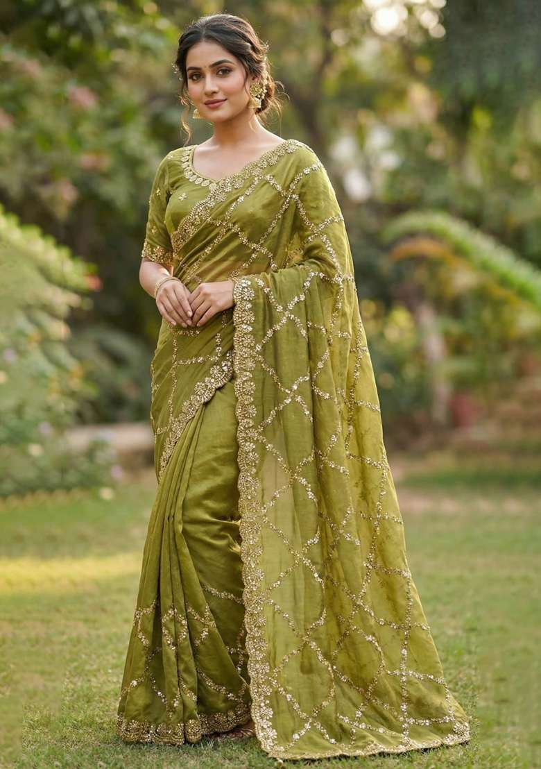 Mehendi Embroidered Silk Saree Set - Indya