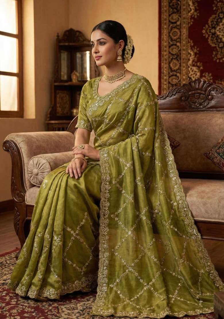 Mehendi Embroidered Silk Saree Set - Indya