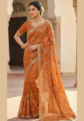Orange Embroidered Silk Saree Set