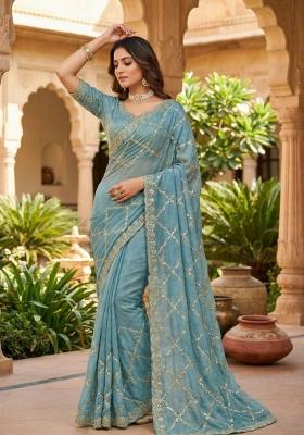 Rama Embroidered Silk Saree Set