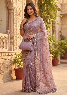 Lavender Embroidered Silk Saree Set