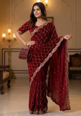 Maroon Embroidered Silk Saree Set