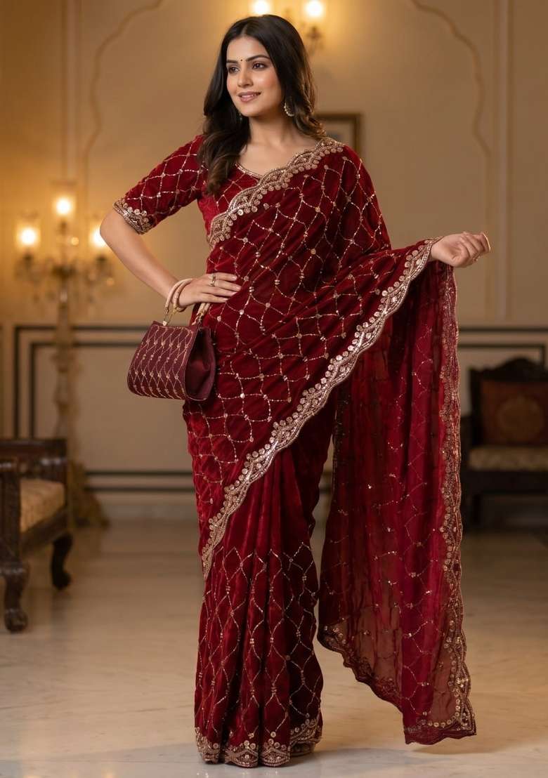 Maroon Embroidered Silk Saree Set - Indya