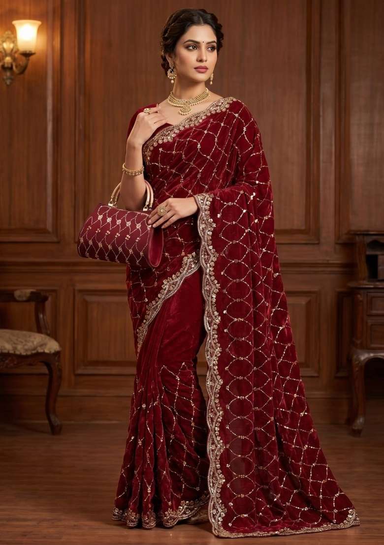 Maroon Embroidered Silk Saree Set - Indya