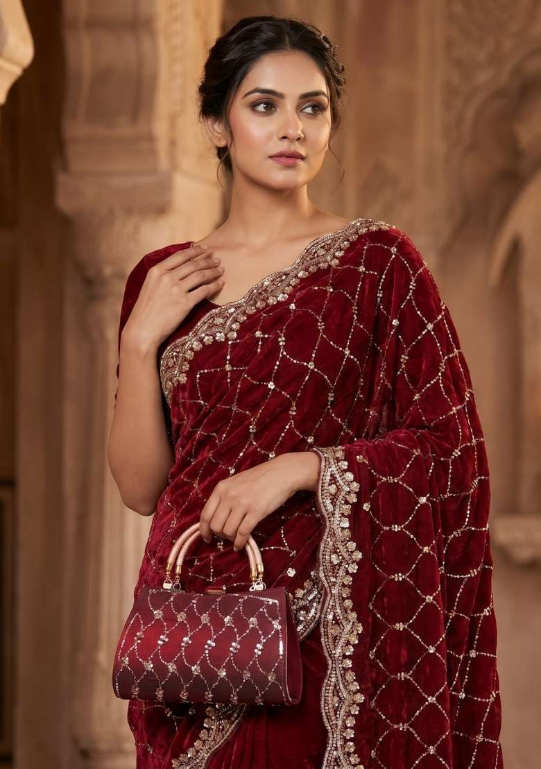 Maroon Embroidered Silk Saree Set - Indya