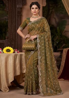 Mehendi Embroidered Silk Saree Set