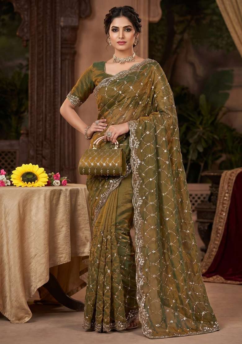 Mehendi Embroidered Silk Saree Set - Indya