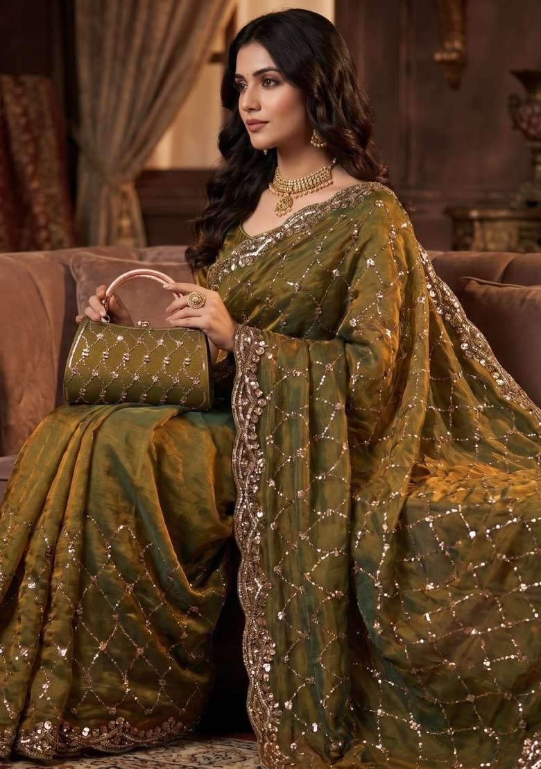 Mehendi Embroidered Silk Saree Set - Indya