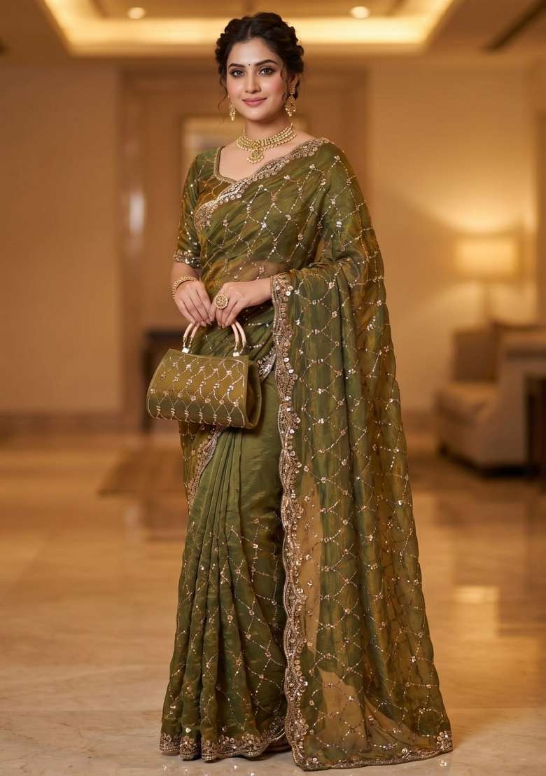 Mehendi Embroidered Silk Saree Set - Indya