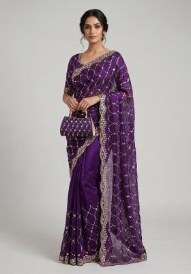 Purple Embroidered Silk Saree Set