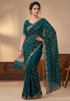 Rama Embroidered Silk Saree Set
