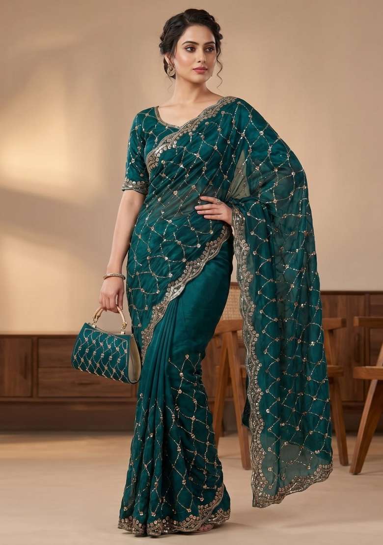 Rama Embroidered Silk Saree Set - Indya