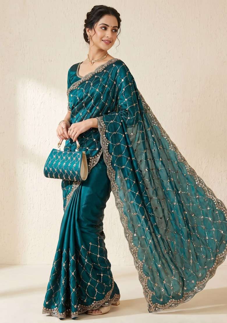 Rama Embroidered Silk Saree Set - Indya