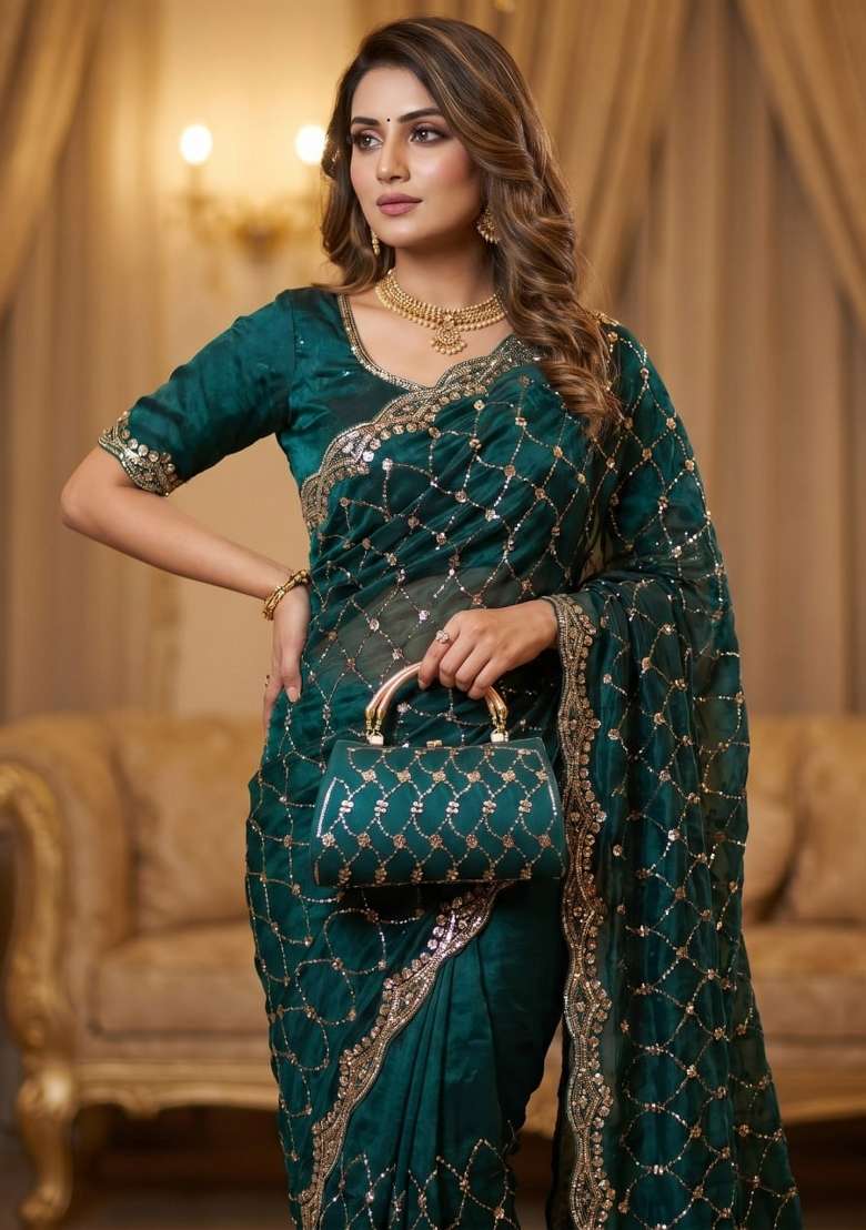 Rama Embroidered Silk Saree Set - Indya