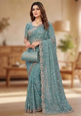 Sky Blue Embroidered Silk Saree Set
