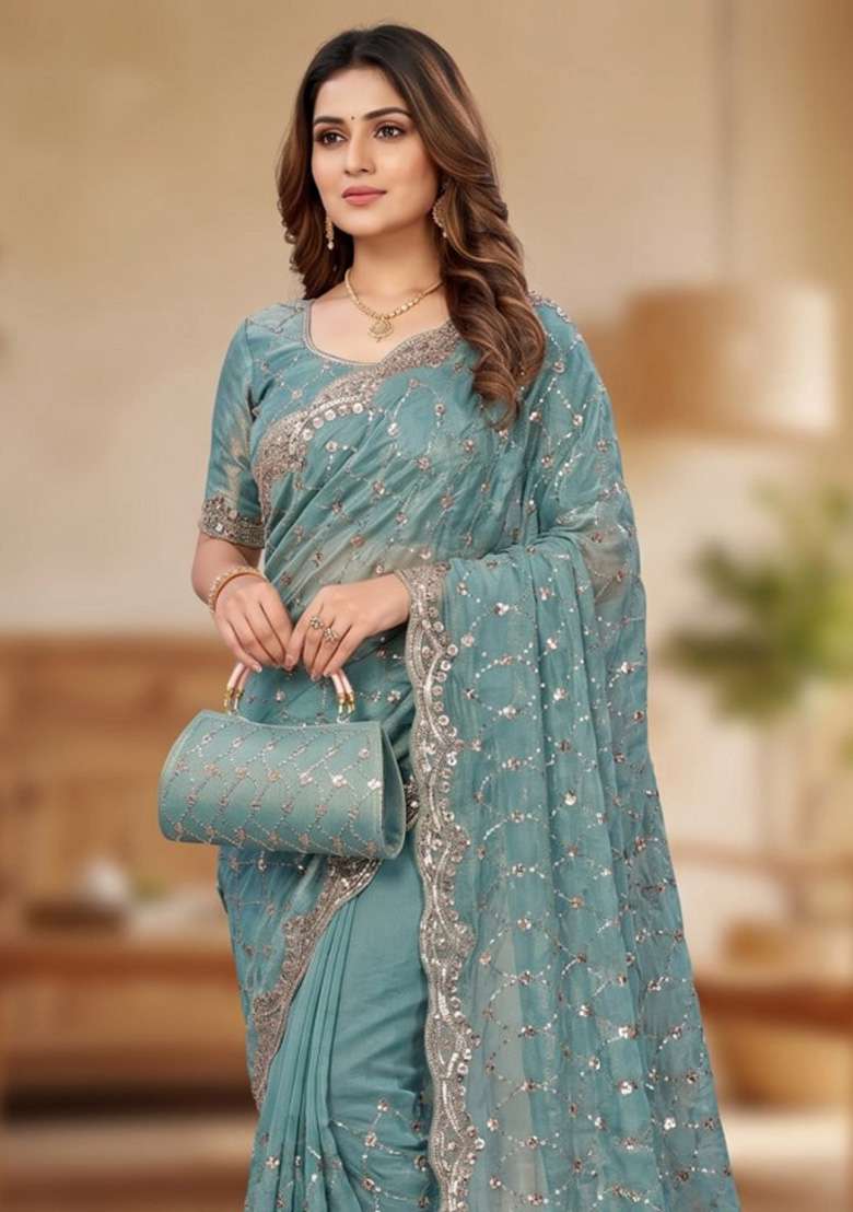 Sky Blue Embroidered Silk Saree Set - Indya