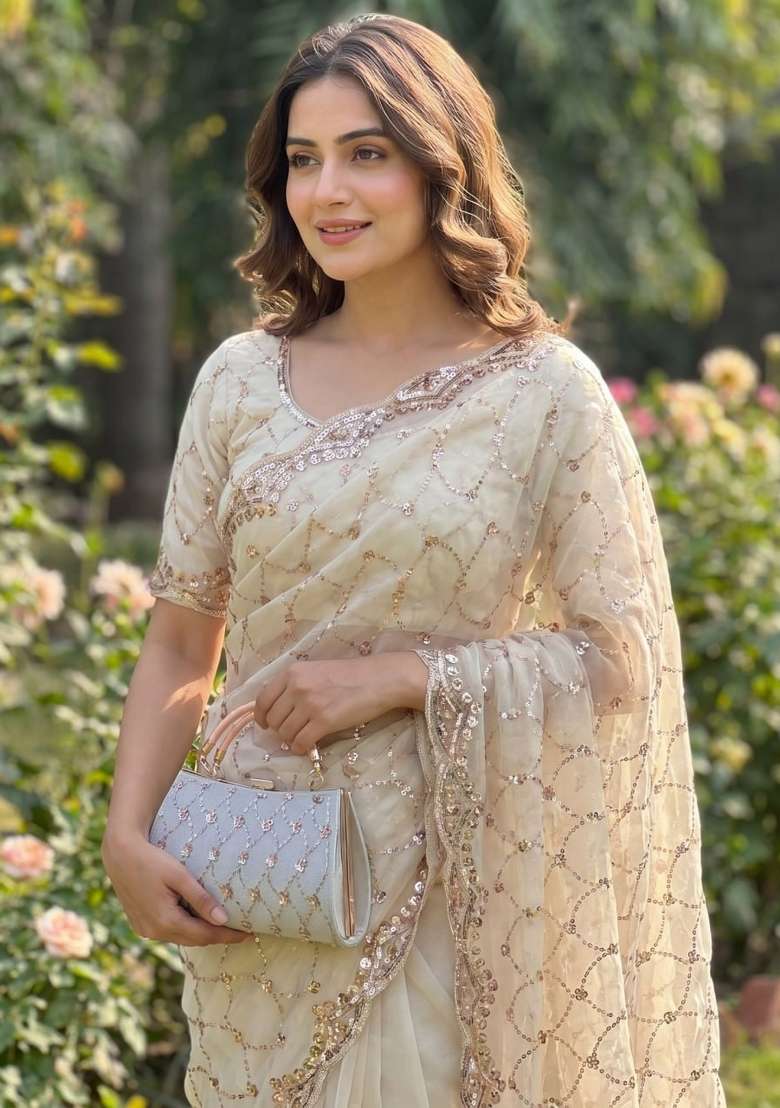 White Embroidered Silk Saree Set - Indya