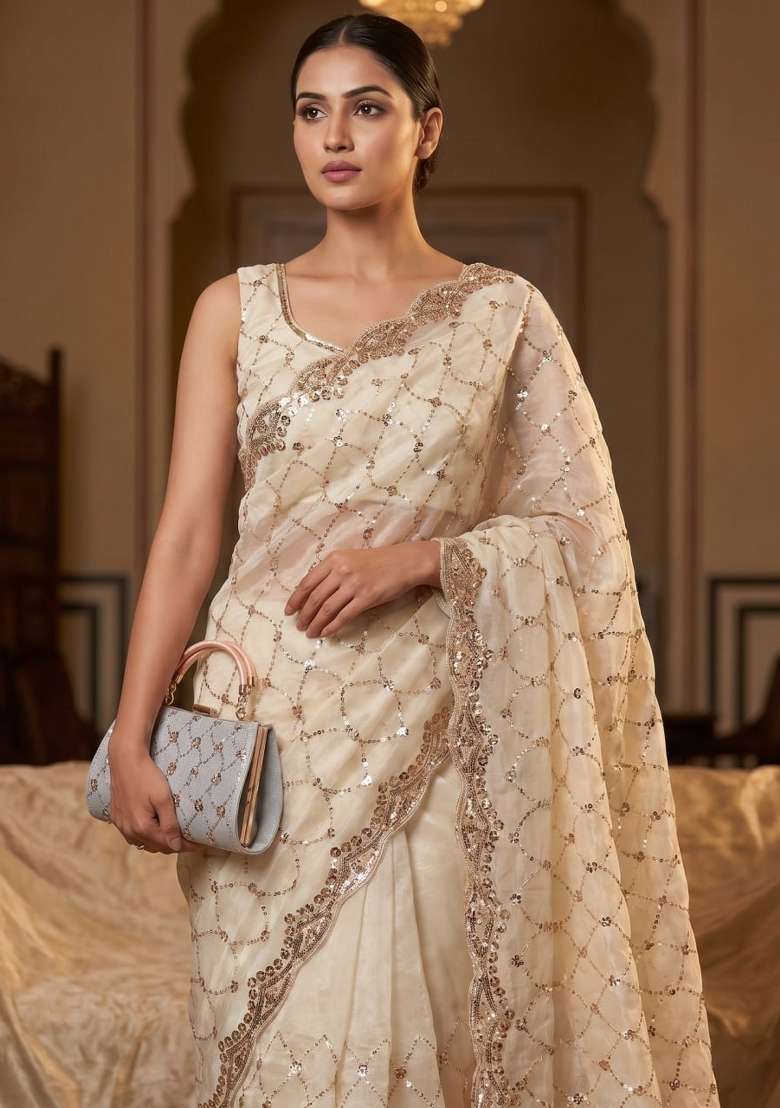 White Embroidered Silk Saree Set - Indya