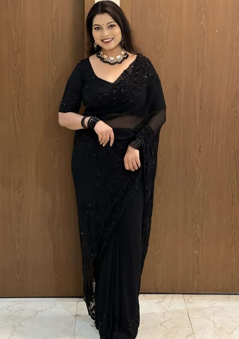 Black Embroidered Georgette Saree Set - Indya