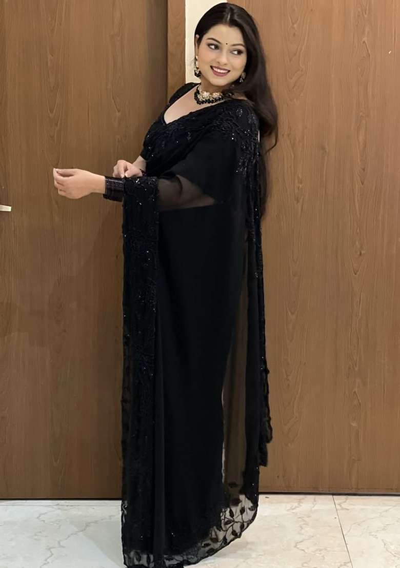 Black Embroidered Georgette Saree Set - Indya