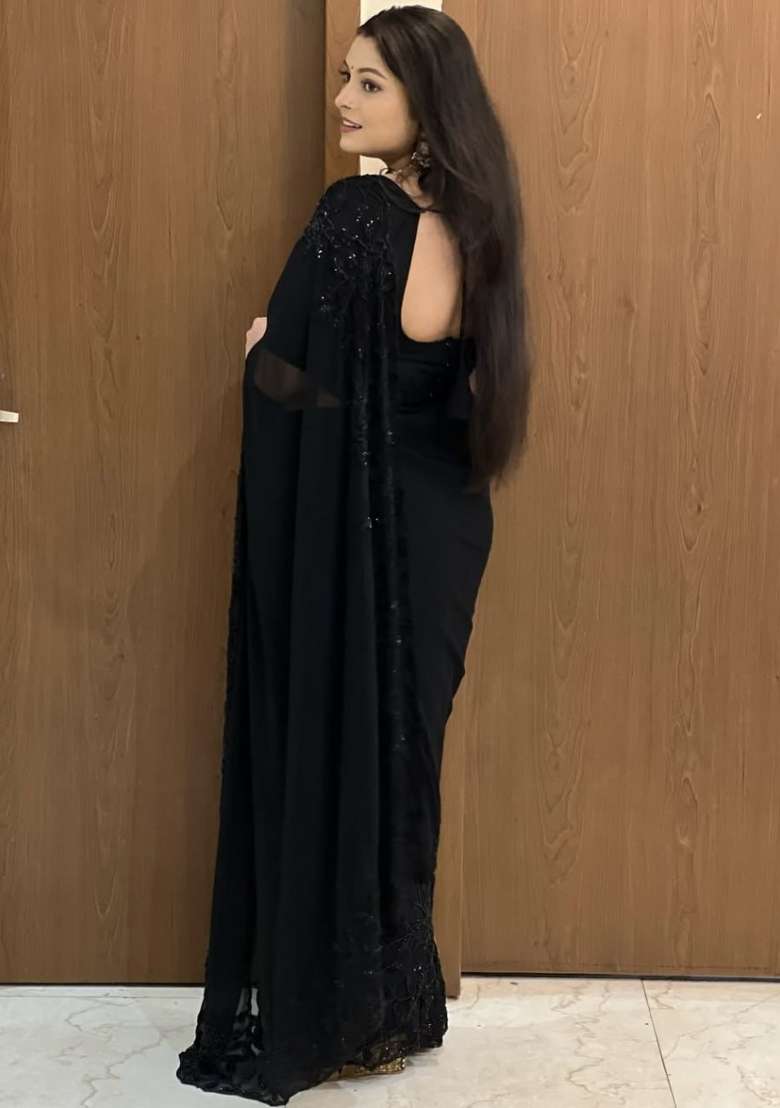 Black Embroidered Georgette Saree Set - Indya