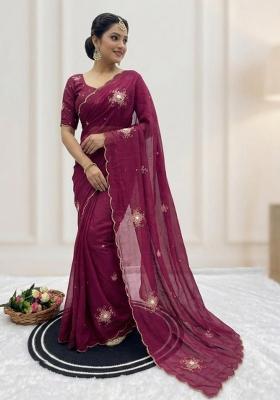 Maroon Embroidered Silk Saree Set