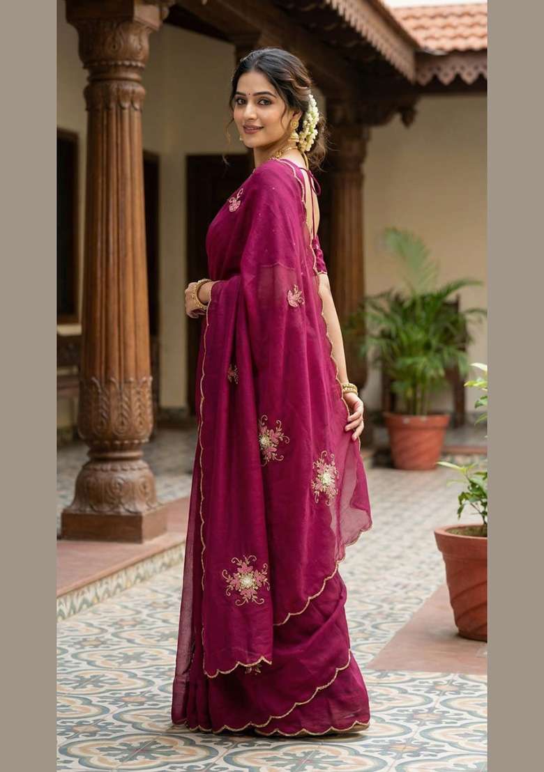 Maroon Embroidered Silk Saree Set - Indya
