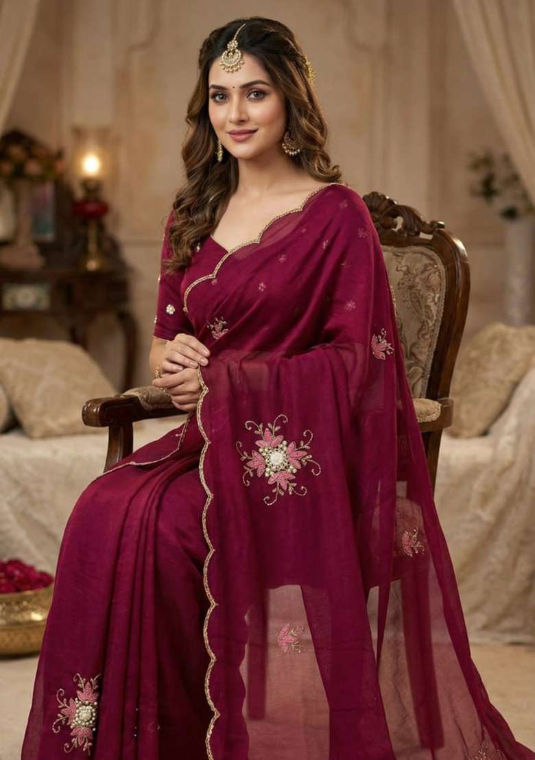 Maroon Embroidered Silk Saree Set - Indya