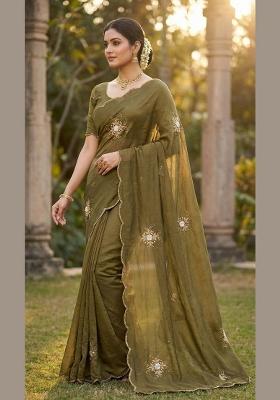 Mehendi Embroidered Silk Saree Set