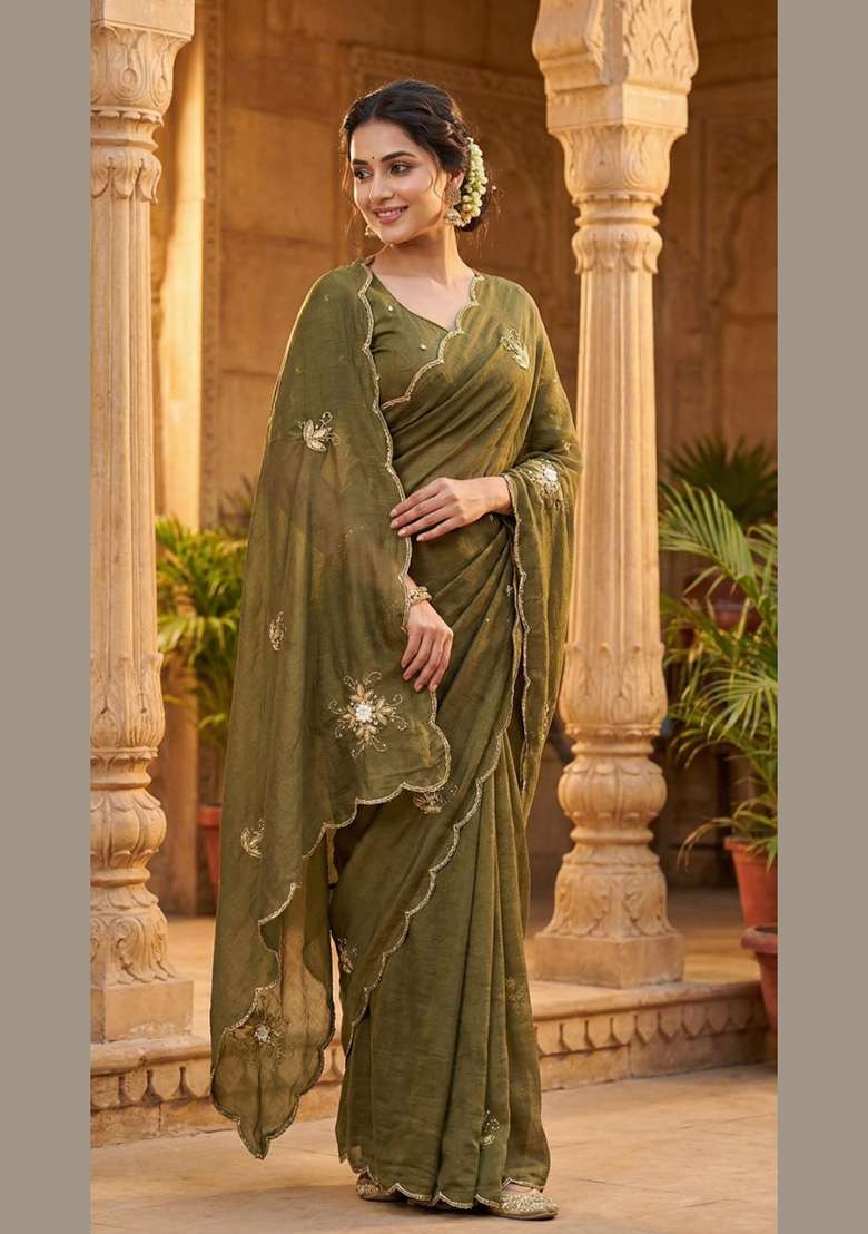 Mehendi Embroidered Silk Saree Set - Indya