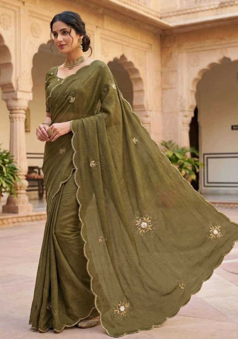 Mehendi Embroidered Silk Saree Set - Indya