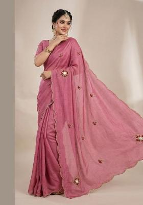 Rani Pink Embroidered Silk Saree Set