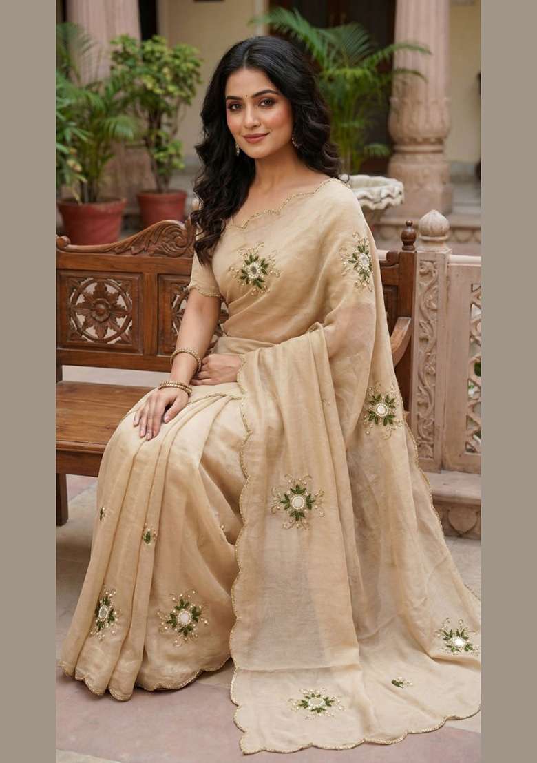 Rust Embroidered Silk Saree Set - Indya