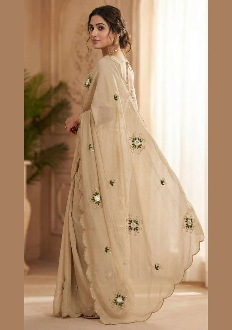 Rust Embroidered Silk Saree Set - Indya