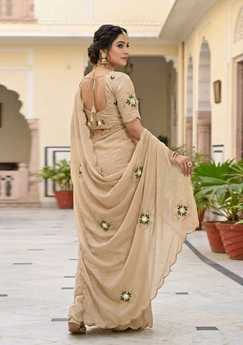 Rust Embroidered Silk Saree Set - Indya
