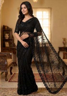 Black Embroidered Net Saree Set