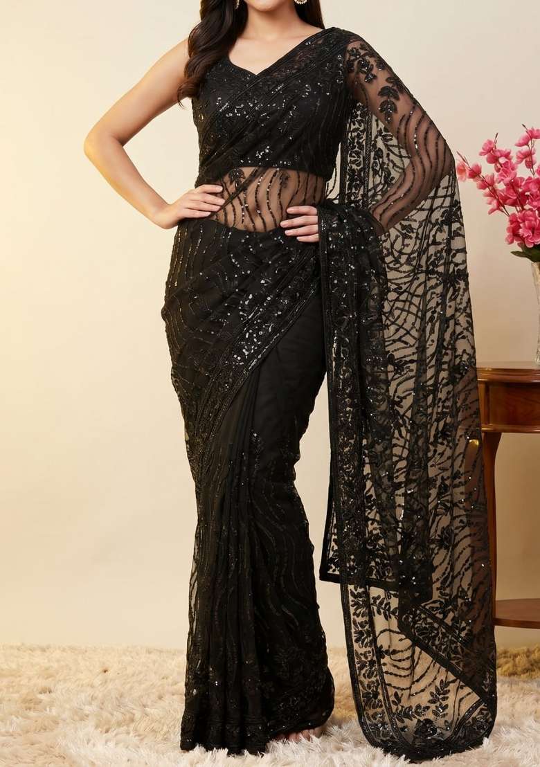 Black Embroidered Net Saree Set - Indya