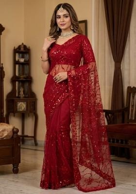 Red Embroidered Net Saree Set